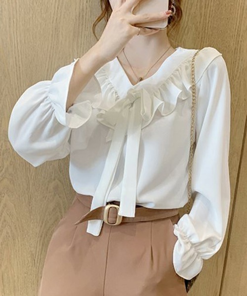 Miniministore(ミニミニストア)の「フリル襟 ボウタイブラウス 大人通勤OL(シャツ/ブラウス・レディース・ブルーグリーン/ブラック/オフホワイト/レッド・FREE)」の2枚目の写真