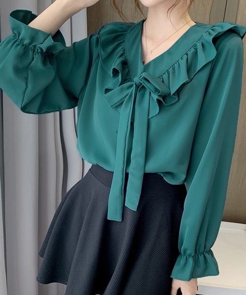Miniministore(ミニミニストア)の「フリル襟 ボウタイブラウス 大人通勤OL(シャツ/ブラウス・レディース・ブルーグリーン/ブラック/オフホワイト/レッド・FREE)」の1枚目の写真