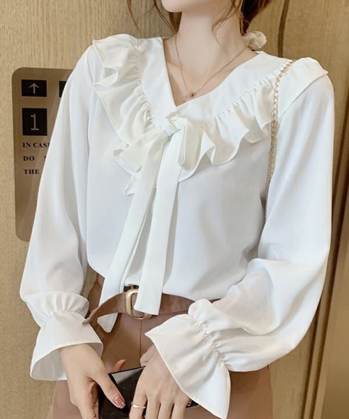 Miniministore(ミニミニストア)の「フリル襟 ボウタイブラウス 大人通勤OL(シャツ/ブラウス・レディース・ブルーグリーン/ブラック/オフホワイト/レッド・FREE)」の5枚目の写真