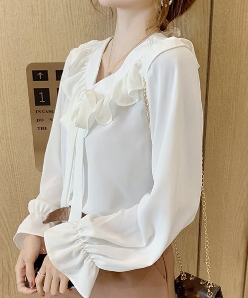 Miniministore(ミニミニストア)の「フリル襟 ボウタイブラウス 大人通勤OL(シャツ/ブラウス・レディース・ブルーグリーン/ブラック/オフホワイト/レッド・FREE)」の6枚目の写真