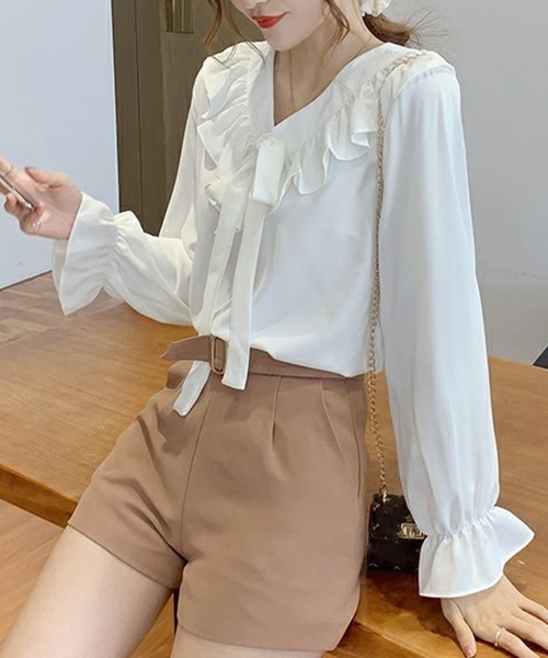 Miniministore(ミニミニストア)の「フリル襟 ボウタイブラウス 大人通勤OL(シャツ/ブラウス・レディース・ブルーグリーン/ブラック/オフホワイト/レッド・FREE)」の7枚目の写真