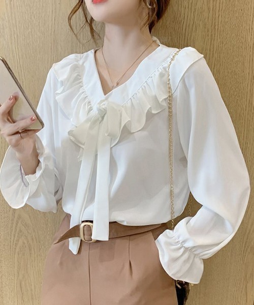 Miniministore(ミニミニストア)の「フリル襟 ボウタイブラウス 大人通勤OL(シャツ/ブラウス・レディース・ブルーグリーン/ブラック/オフホワイト/レッド・FREE)」の8枚目の写真