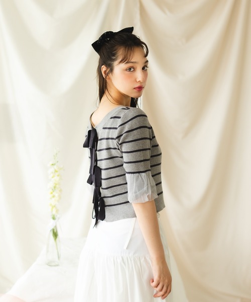 fupel（フぺル）の「【2WAY】triple ribbons border knit  cardigan / 2way三連リボンボーダーニットーカーディガン（Tシャツ/カットソー・レディース・グレー/オフホワイト・FREE）」の14枚目の写真