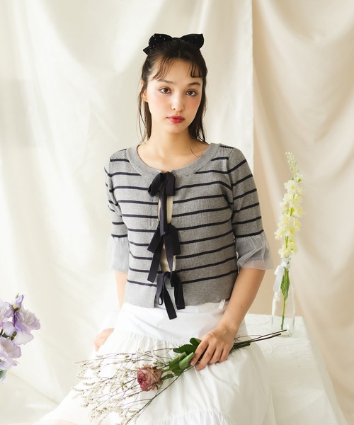 fupel（フぺル）の「【2WAY】triple ribbons border knit  cardigan / 2way三連リボンボーダーニットーカーディガン（Tシャツ/カットソー・レディース・グレー/オフホワイト・FREE）」の13枚目の写真