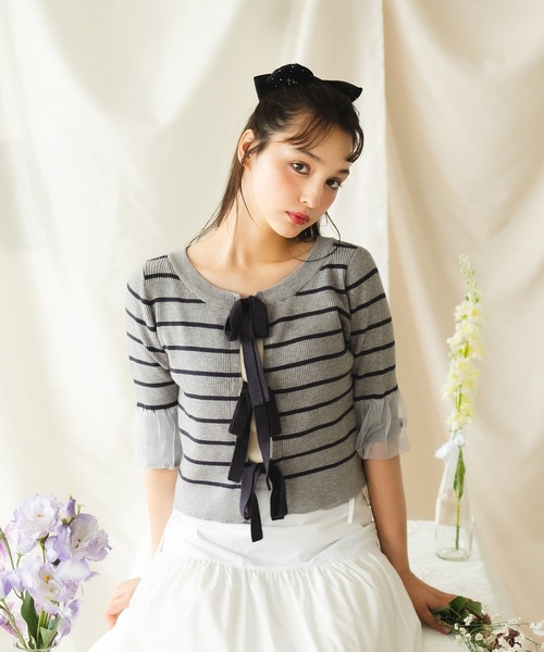 fupel（フぺル）の「【2WAY】triple ribbons border knit  cardigan / 2way三連リボンボーダーニットーカーディガン（Tシャツ/カットソー・レディース・グレー/オフホワイト・FREE）」の12枚目の写真
