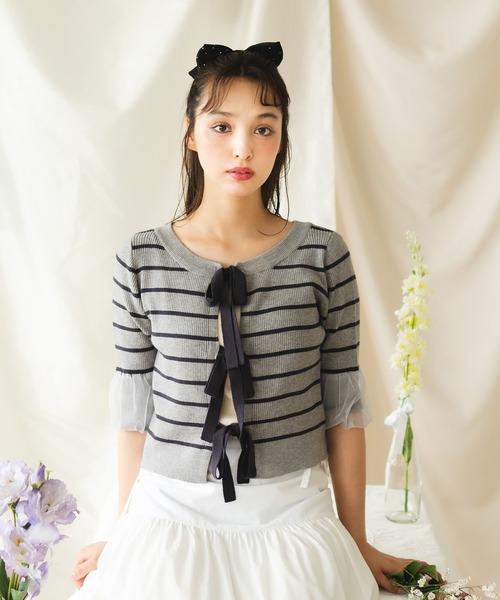 fupel（フぺル）の「【2WAY】triple ribbons border knit  cardigan / 2way三連リボンボーダーニットーカーディガン（Tシャツ/カットソー・レディース・グレー/オフホワイト・FREE）」の11枚目の写真