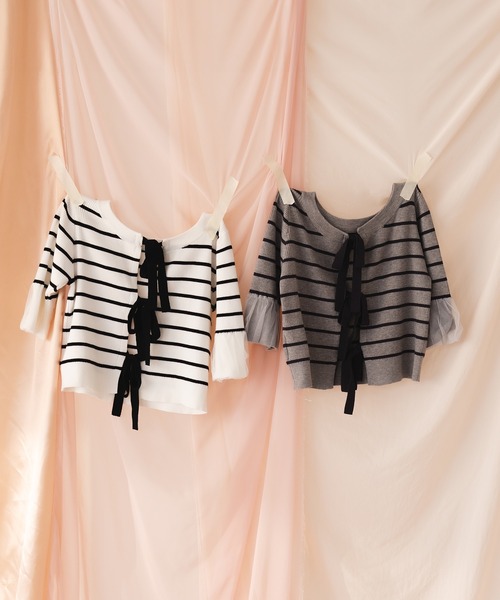 fupel（フぺル）の「【2WAY】triple ribbons border knit  cardigan / 2way三連リボンボーダーニットーカーディガン（Tシャツ/カットソー・レディース・グレー/オフホワイト・FREE）」の20枚目の写真