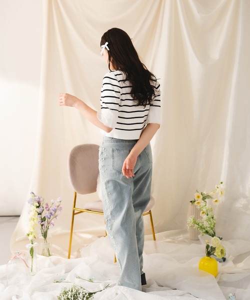 fupel（フぺル）の「【2WAY】triple ribbons border knit  cardigan / 2way三連リボンボーダーニットーカーディガン（Tシャツ/カットソー・レディース・グレー/オフホワイト・FREE）」の10枚目の写真