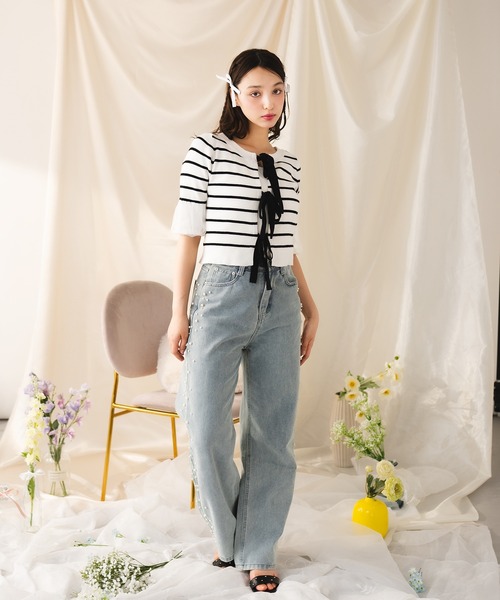 fupel（フぺル）の「【2WAY】triple ribbons border knit  cardigan / 2way三連リボンボーダーニットーカーディガン（Tシャツ/カットソー・レディース・グレー/オフホワイト・FREE）」の7枚目の写真