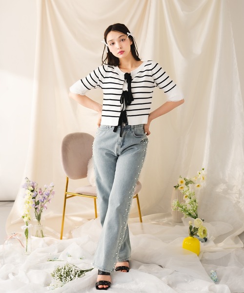 fupel（フぺル）の「【2WAY】triple ribbons border knit  cardigan / 2way三連リボンボーダーニットーカーディガン（Tシャツ/カットソー・レディース・グレー/オフホワイト・FREE）」の8枚目の写真