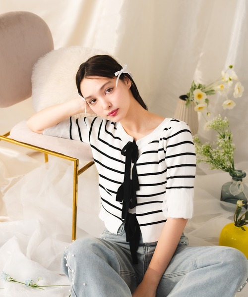 fupel（フぺル）の「【2WAY】triple ribbons border knit  cardigan / 2way三連リボンボーダーニットーカーディガン（Tシャツ/カットソー・レディース・グレー/オフホワイト・FREE）」の3枚目の写真