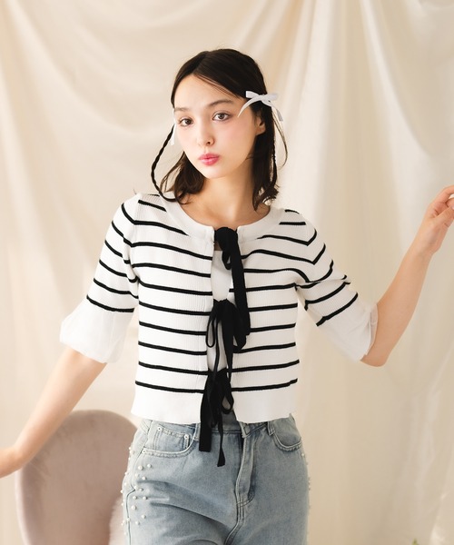 fupel（フぺル）の「【2WAY】triple ribbons border knit  cardigan / 2way三連リボンボーダーニットーカーディガン（Tシャツ/カットソー・レディース・グレー/オフホワイト・FREE）」の5枚目の写真