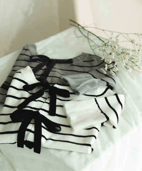 fupel（フぺル）の「【2WAY】triple ribbons border knit  cardigan / 2way三連リボンボーダーニットーカーディガン（Tシャツ/カットソー・レディース・グレー/オフホワイト・FREE）」の21枚目の写真