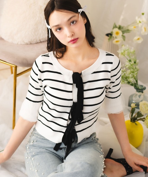 fupel（フぺル）の「【2WAY】triple ribbons border knit  cardigan / 2way三連リボンボーダーニットーカーディガン（Tシャツ/カットソー・レディース・グレー/オフホワイト・FREE）」の22枚目の写真