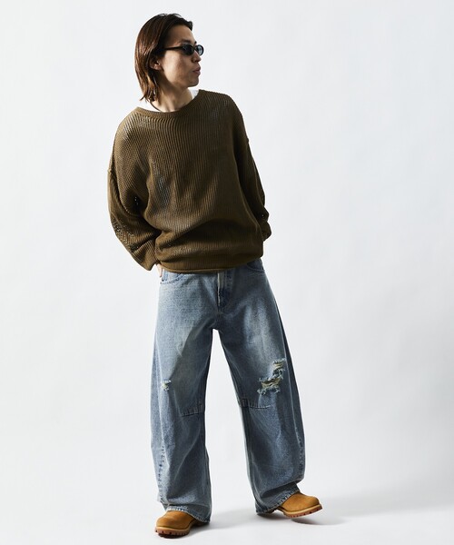 FREAK’S STORE/フリークスストア ワイドシルエット カーブ デニムパンツ/ダメージ加工（デニムパンツ）｜FREAK'S STORE（フリークスストア）