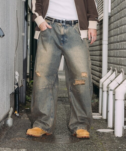メンズ デニムパンツ ワイドデニム しわ加工 ストリート a1056 メンズ デニム ストリート ウォッシュ加工 ワイドパンツ (デニム
