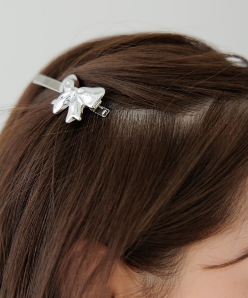 リボン型ヘアピン アイボリー ブラック ラインストーンリボンピン ヘアアクセサリー リボン（ヘアピン