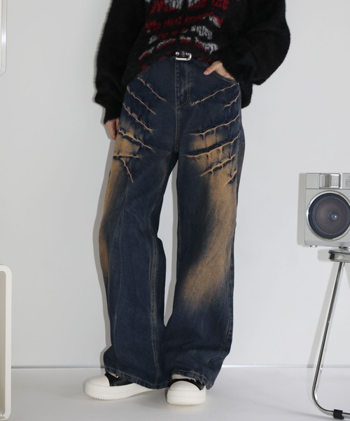 MSG/ヴィンテージ加工ワイドストレートバギーフィットブラストデニム（デニムパンツ）｜MSG（エムエスジー）