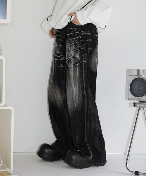 MSG/ヴィンテージ加工ワイドストレートバギーフィットブラストデニム（デニムパンツ）｜MSG（エムエスジー）