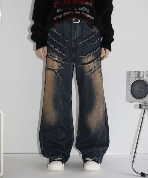 MSG/ヴィンテージ加工ワイドストレートバギーフィットブラストデニム（デニムパンツ）｜MSG（エムエスジー）