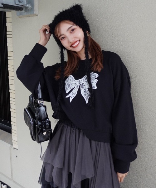 セール】レースリボンモチーフスウェットトップス 春服 秋服