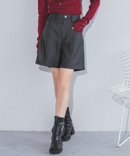 レザーチェックショートパンツ　S シェリエ レディース ショートパンツ チェック柄 グレンチェック パンツ