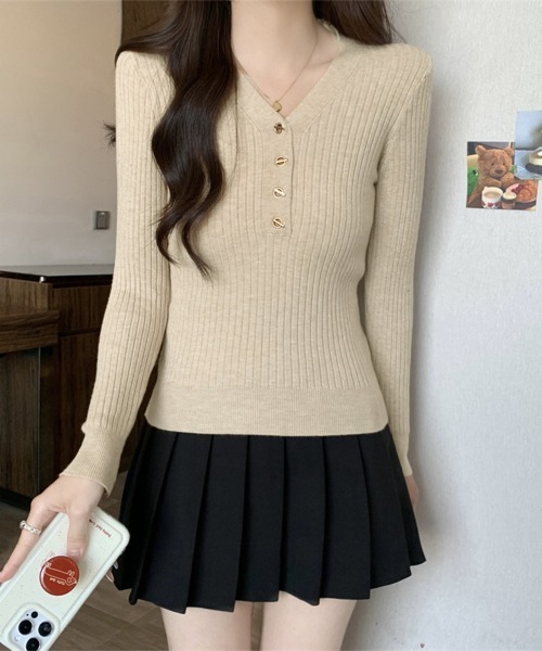 Miniministore(ミニミニストア)の「Vネックリブニットトップス ハーフボタン(ニット/セーター・レディース・カーキ/ブラック/アイボリー/ホワイト/ベージュ・FREE)」の1枚目の写真