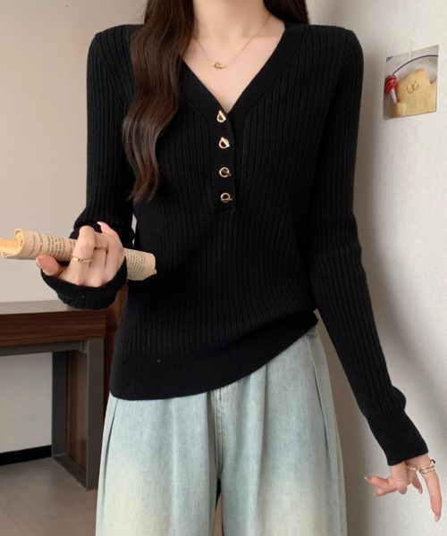 Miniministore(ミニミニストア)の「Vネックリブニットトップス ハーフボタン(ニット/セーター・レディース・カーキ/ブラック/アイボリー/ホワイト/ベージュ・FREE)」の10枚目の写真