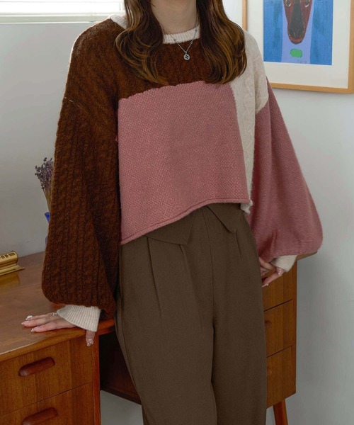Ambre Neige(アンブルネージュ)の「パッチワークケーブルニット/WEB/EC限定商品(ニット/セーター・レディース・グレー系その他/ピンク系その他・FREE)」の15枚目の写真