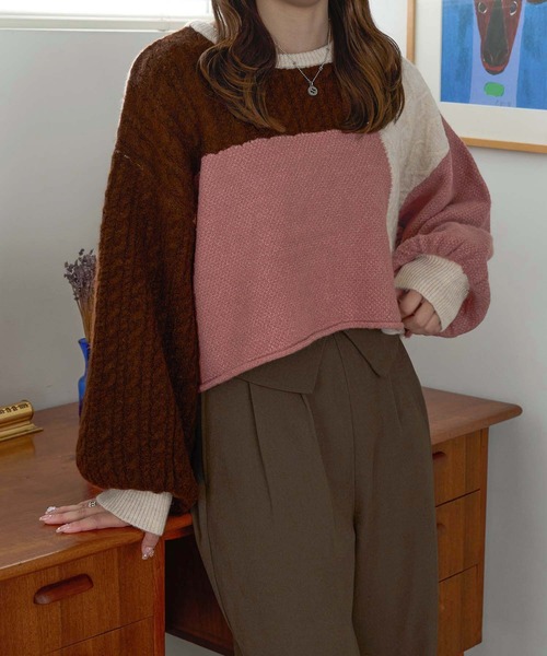 Ambre Neige(アンブルネージュ)の「パッチワークケーブルニット/WEB/EC限定商品(ニット/セーター・レディース・グレー系その他/ピンク系その他・FREE)」の16枚目の写真