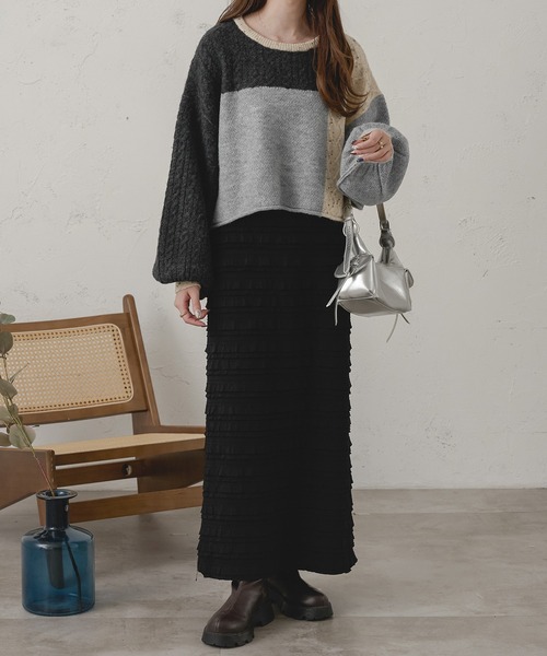 Ambre Neige(アンブルネージュ)の「パッチワークケーブルニット/WEB/EC限定商品(ニット/セーター・レディース・グレー系その他/ピンク系その他・FREE)」の11枚目の写真