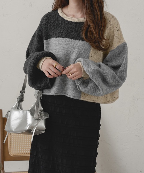 Ambre Neige(アンブルネージュ)の「パッチワークケーブルニット/WEB/EC限定商品(ニット/セーター・レディース・グレー系その他/ピンク系その他・FREE)」の8枚目の写真