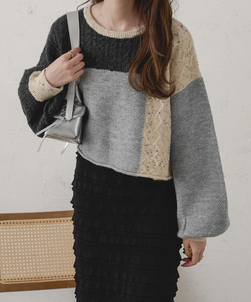Ambre Neige(アンブルネージュ)の「パッチワークケーブルニット/WEB/EC限定商品(ニット/セーター・レディース・グレー系その他/ピンク系その他・FREE)」の9枚目の写真