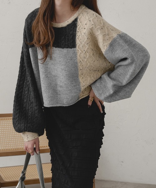 Ambre Neige(アンブルネージュ)の「パッチワークケーブルニット/WEB/EC限定商品(ニット/セーター・レディース・グレー系その他/ピンク系その他・FREE)」の10枚目の写真