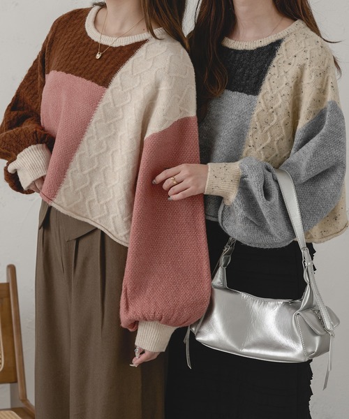 Ambre Neige(アンブルネージュ)の「パッチワークケーブルニット/WEB/EC限定商品(ニット/セーター・レディース・グレー系その他/ピンク系その他・FREE)」の13枚目の写真