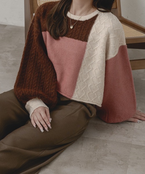 Ambre Neige(アンブルネージュ)の「パッチワークケーブルニット/WEB/EC限定商品(ニット/セーター・レディース・グレー系その他/ピンク系その他・FREE)」の20枚目の写真