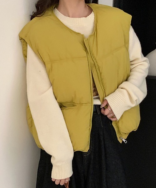 Vipoa（ヴィポア）の「ノーカラー中綿ベスト（ダウンベスト・レディース・マスタード/ブラック/ホワイト/ピンク・FREE）」の3枚目の写真