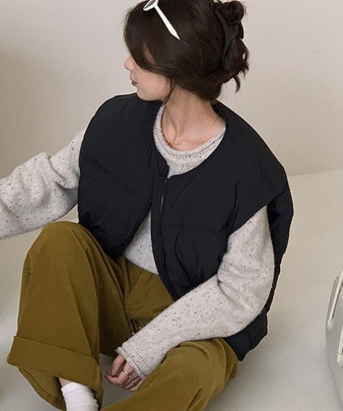 Vipoa（ヴィポア）の「ノーカラー中綿ベスト（ダウンベスト・レディース・マスタード/ブラック/ホワイト/ピンク・FREE）」の5枚目の写真