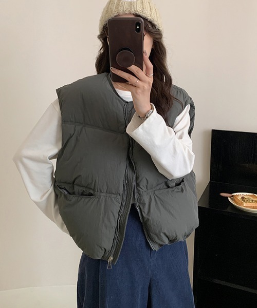 Vipoa（ヴィポア）の「ノーカラー中綿ベスト（ダウンベスト・レディース・マスタード/ブラック/ホワイト/ピンク・FREE）」の17枚目の写真