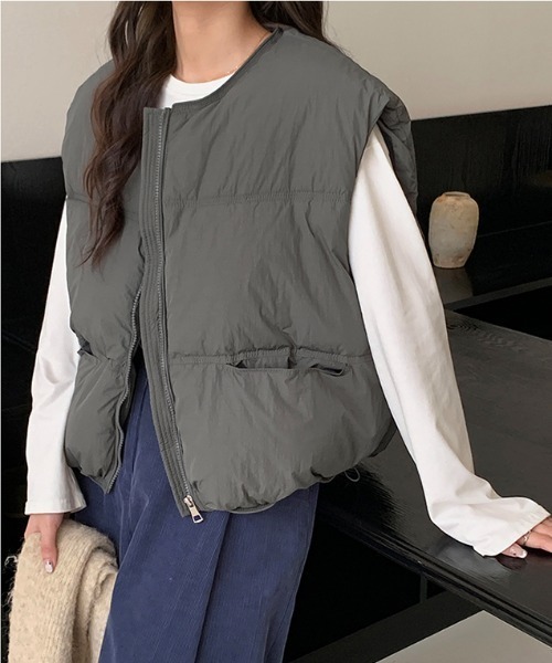 Vipoa（ヴィポア）の「ノーカラー中綿ベスト（ダウンベスト・レディース・マスタード/ブラック/ホワイト/ピンク・FREE）」の20枚目の写真