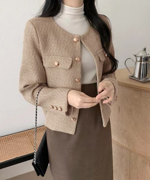 Miniministore(ミニミニストア)の「ツイード風 ジャケット レディース韓国風(ノーカラージャケット・レディース・グリーン/ベージュ/ブラック/オフホワイト/ブルー・FREE)」の3枚目の写真