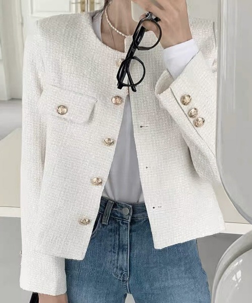 Miniministore(ミニミニストア)の「ツイード風 ジャケット レディース韓国風(ノーカラージャケット・レディース・グリーン/ベージュ/ブラック/オフホワイト/ブルー・FREE)」の2枚目の写真
