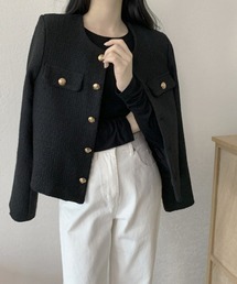 パール装飾 半袖ジャケット ノーカラー 黒 トレンド 韓国 NAJ061 KARSEE ノーカラー ジャケット ENJOY Noir ルリアン
