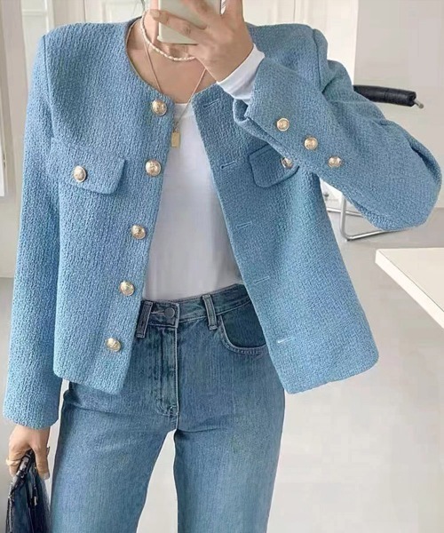 Miniministore(ミニミニストア)の「ツイード風 ジャケット レディース韓国風(ノーカラージャケット・レディース・グリーン/ベージュ/ブラック/オフホワイト/ブルー・FREE)」の6枚目の写真