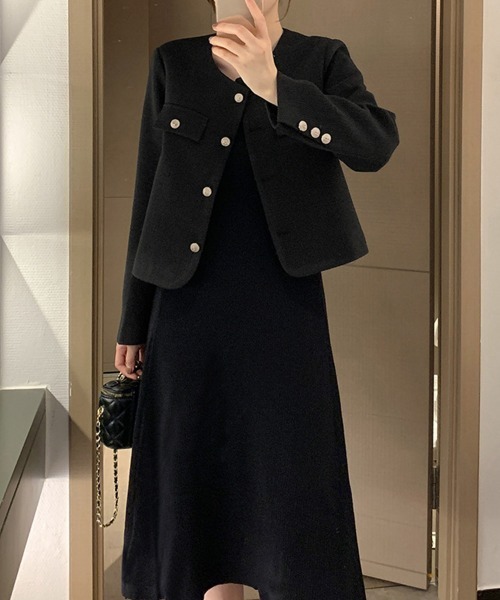 Miniministore(ミニミニストア)の「ツイード風 ジャケット レディース韓国風(ノーカラージャケット・レディース・グリーン/ベージュ/ブラック/オフホワイト/ブルー・FREE)」の8枚目の写真