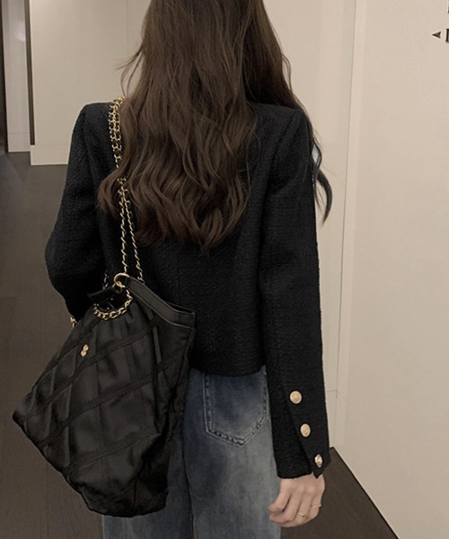 Miniministore(ミニミニストア)の「ツイード風 ジャケット レディース韓国風(ノーカラージャケット・レディース・グリーン/ベージュ/ブラック/オフホワイト/ブルー・FREE)」の9枚目の写真