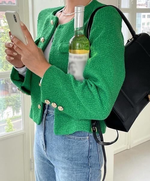 Miniministore(ミニミニストア)の「ツイード風 ジャケット レディース韓国風(ノーカラージャケット・レディース・グリーン/ベージュ/ブラック/オフホワイト/ブルー・FREE)」の18枚目の写真