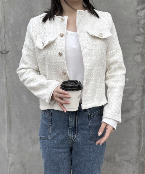 Miniministore(ミニミニストア)の「ツイード風 ジャケット レディース韓国風(ノーカラージャケット・レディース・グリーン/ベージュ/ブラック/オフホワイト/ブルー・FREE)」の21枚目の写真