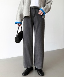 ひやっとしにくい 裏起毛 ストレート デニムパンツ ウエスト調整ボタン セミワイド デニム パンツ 秋服 冬服