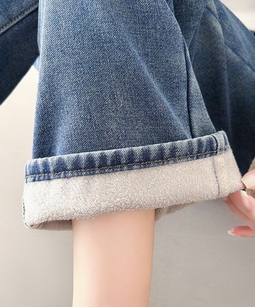 COCOMOMO（ココモモ）の「ひやっとしにくい 裏起毛 ストレート デニムパンツ ウエスト調整ボタン セミワイド デニム パンツ 秋服 冬服（デニムパンツ・レディース・ライトブルー/ダークブルー/グレー/ブラック・S/M/L/XL）」の12枚目の写真